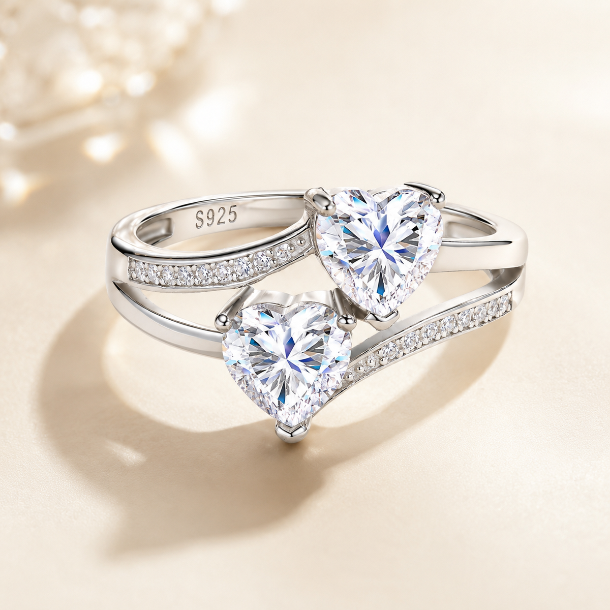 Celand 1.6CTW Double Heart Moissanite Ring, S925 Silver