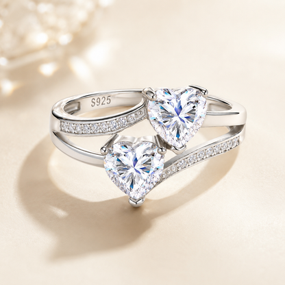 Celand 1.6CTW Double Heart Moissanite Ring, S925 Silver