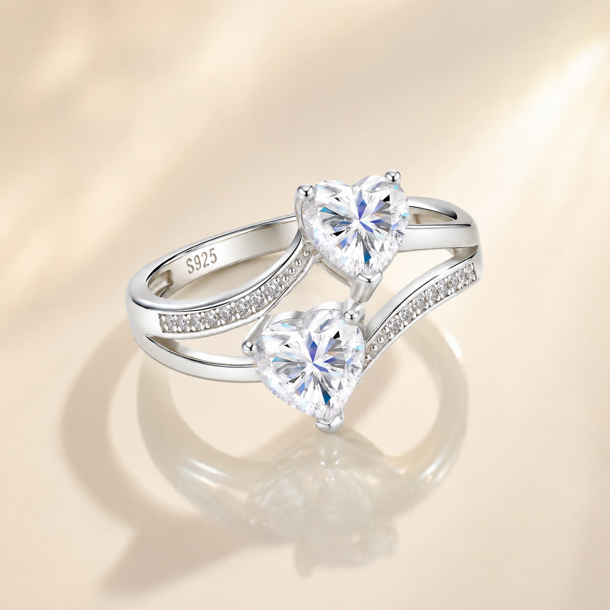 Celand 1.6CTW Double Heart Moissanite Ring, S925 Silver