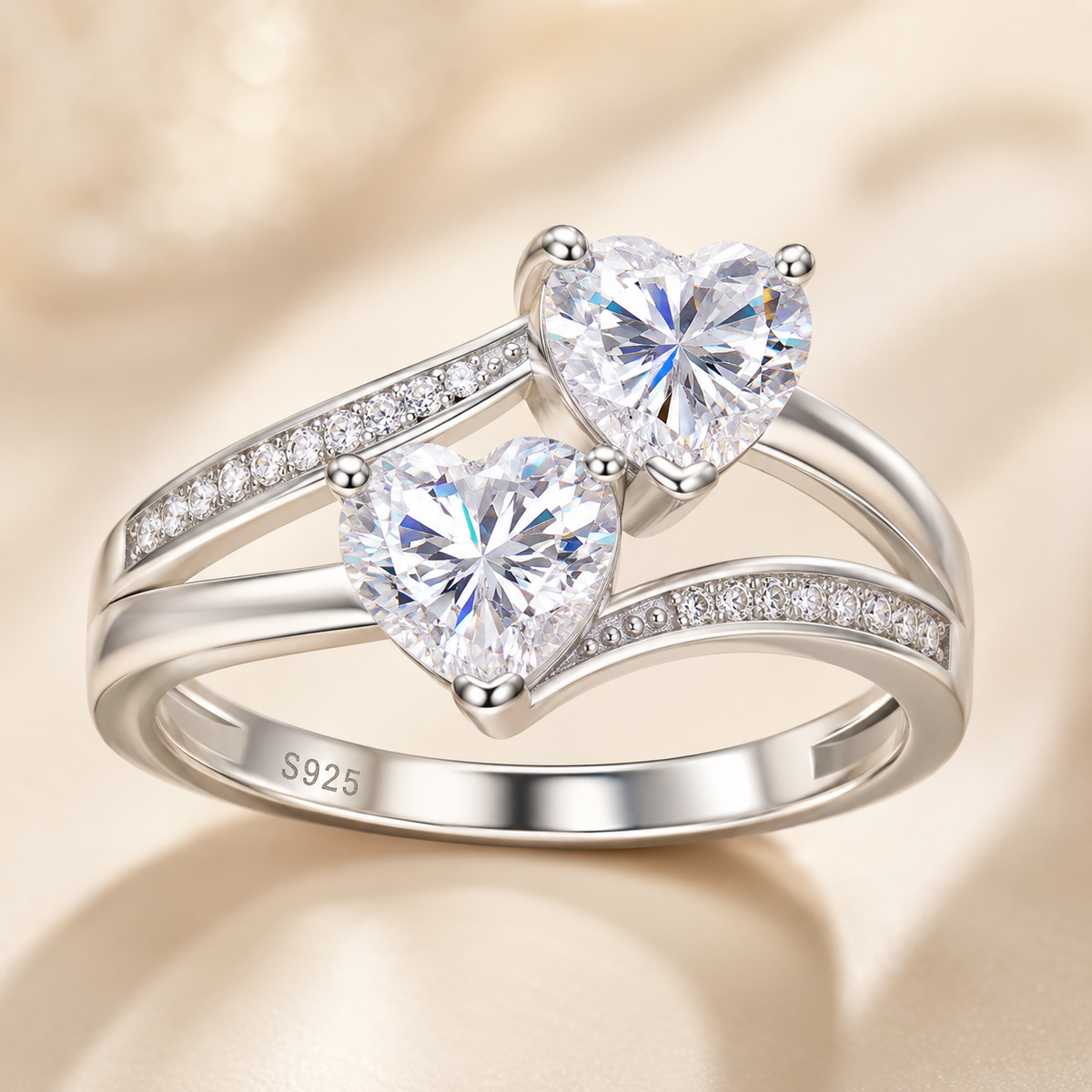 Celand 1.6CTW Double Heart Moissanite Ring, S925 Silver