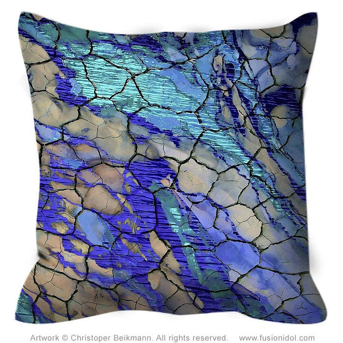 Blue and Tan Abstract Art Pillow - Cracked Earth And Water - Desert Memories