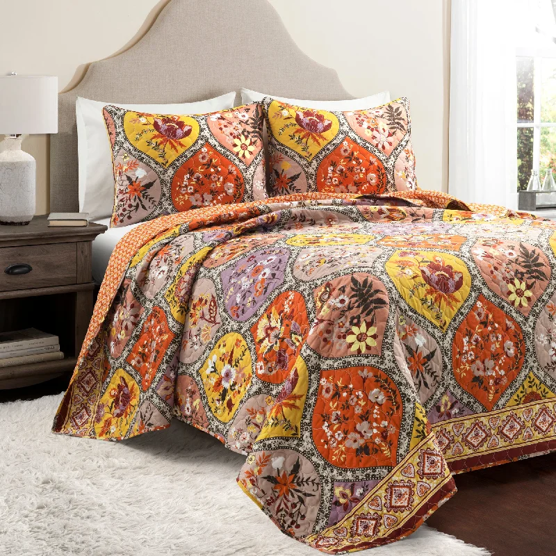 Bohemian Flower Rev. Oversized Quilt Tangerine 3Pc Set Full/Queen