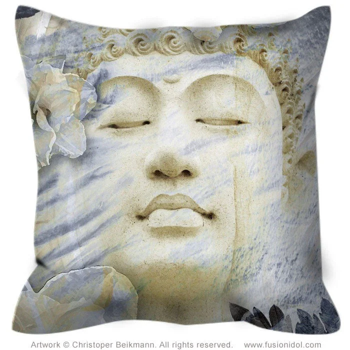 Buddha Throw Pillow - Blue and Tan Zen Accent Pillow - Inner Infinity