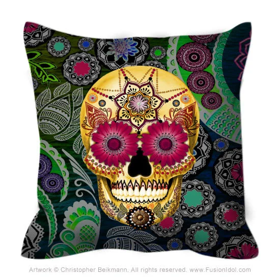 Colorful Floral Sugar Skull Throw Pillow - Sugar Skull Paisley Garden