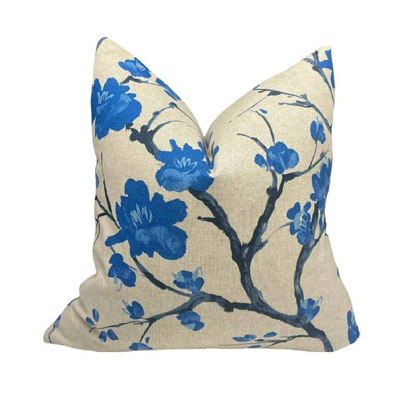 Blue Floral on Natural Linen Pillow Cover