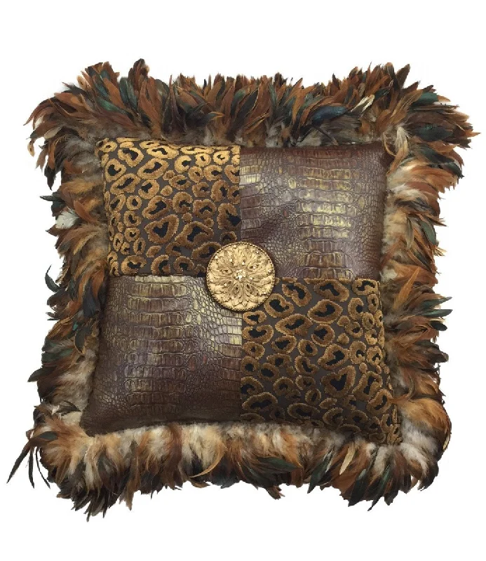 Decorative Pillow  Leopard Velvet Faux Croc with Feathers and Bling 20x20