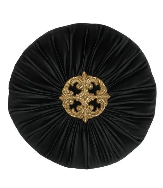 Decorative Round Pillow Black Velvet Jeweled Medallion