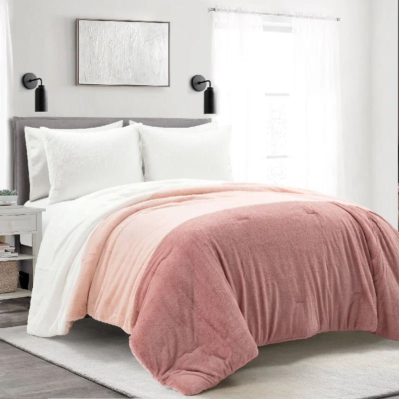 Farmhouse Color Block Ultra Soft Faux Fur All Season Kids Comforter Dusty Rose 3Pc Set Full/Queen