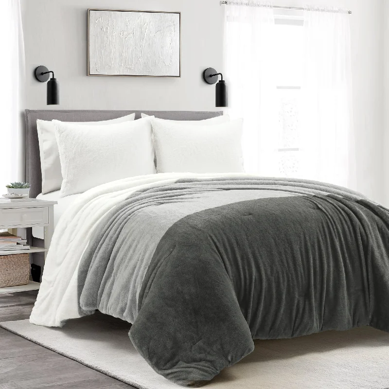 Farmhouse Color Block Ultra Soft Faux Fur All Season Kids Comforter Light Gray 2Pc Set Twin