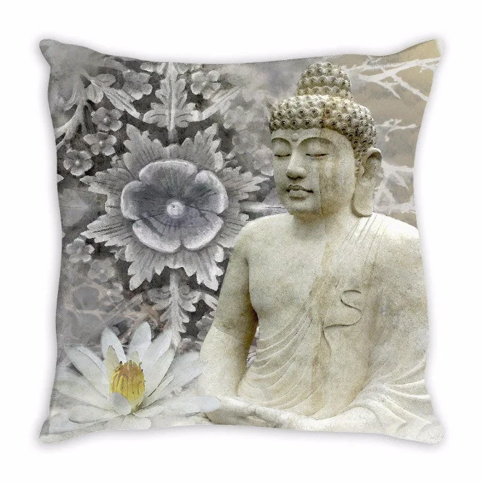 Gray and White Meditating Snow Buddha Throw Pillow - Winter Peace