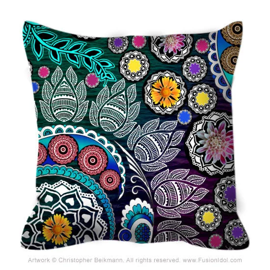 Green and Purple Indian Paisley Floral Throw Pillow - Mehndi Garden