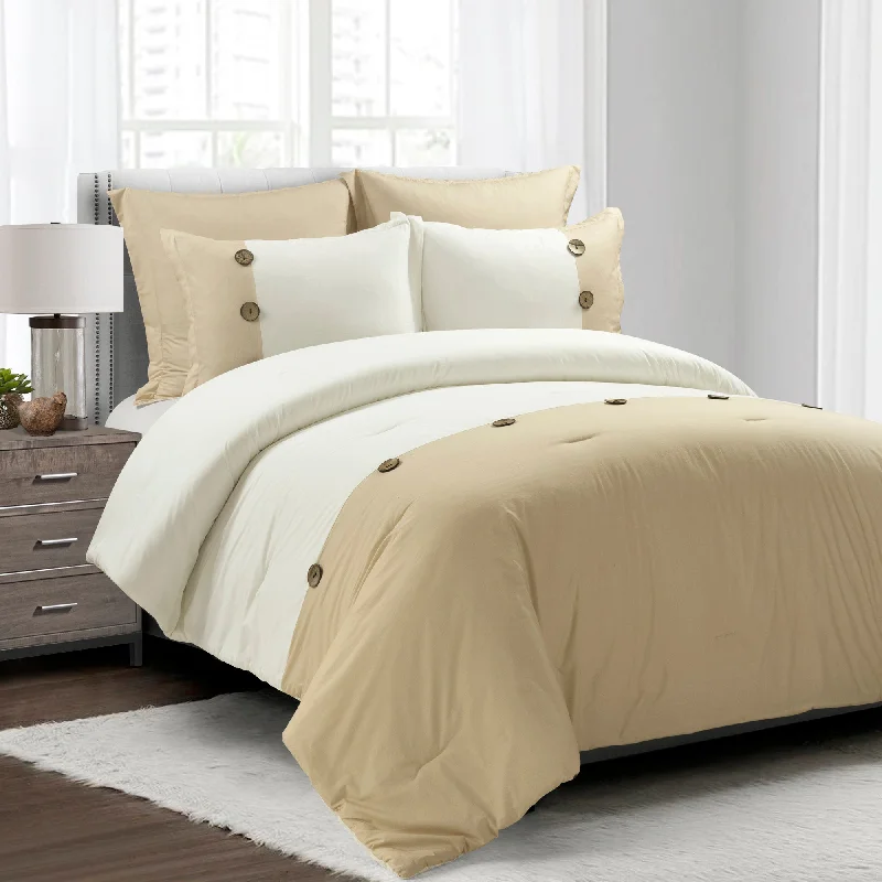 Linen Button Cotton Blend Comforter Linen 5Pc Set Full/Queen