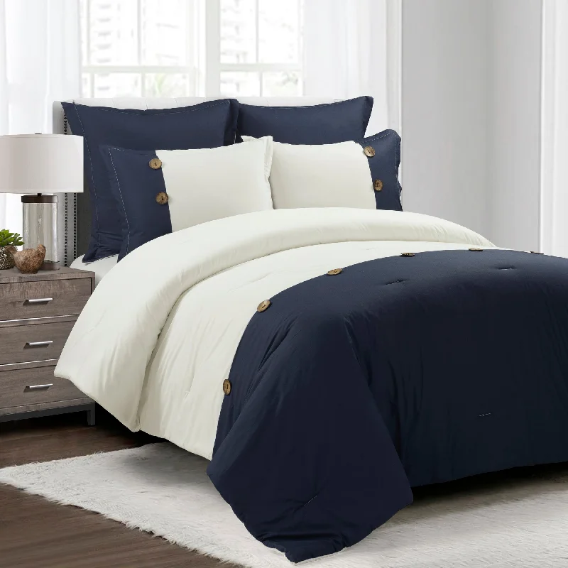 Linen Button Cotton Blend Comforter Navy 5Pc Set King