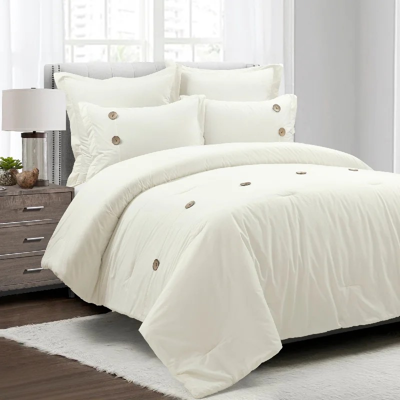 Linen Button Cotton Blend Comforter Off White 5Pc Set Full/Queen