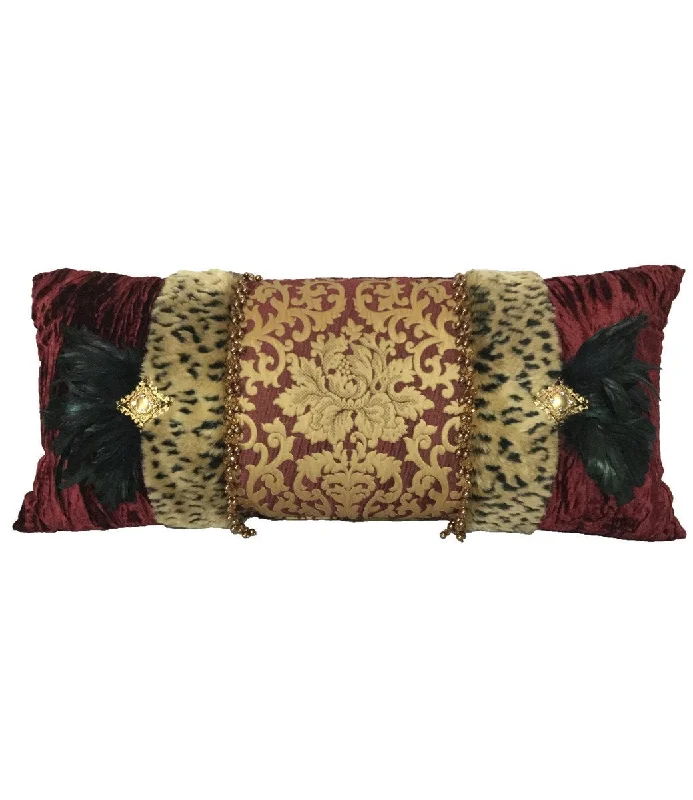 Luxury Accent Pillow Burgundy Gold and Leopard with Feathers 29x14