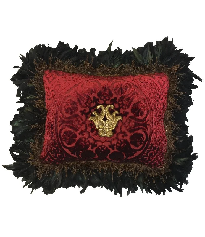 Luxury Accent Pillow with Feathers and Jeweled Medallion