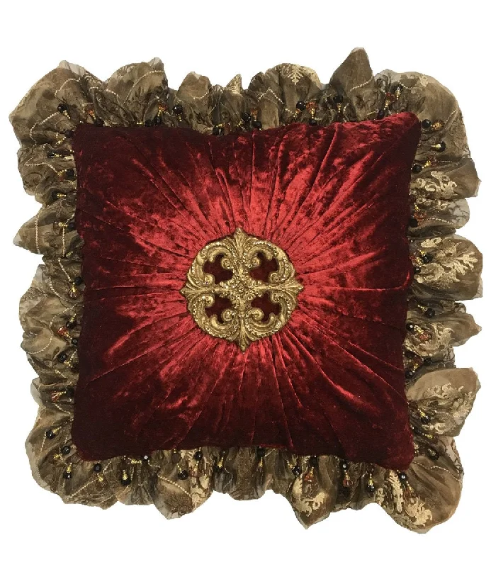 Luxury Decorative Pillow Red Velvet Ruffled with Jeweled Medallion