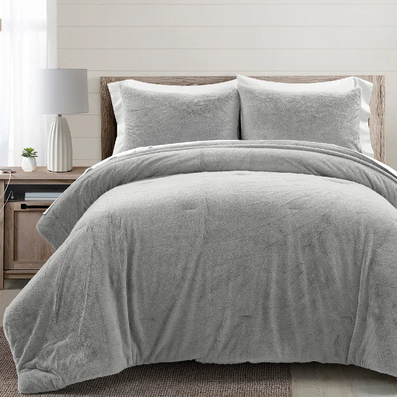 Modern Solid Ultra Soft Faux Fur Comforter Light Gray 7Pc Set King