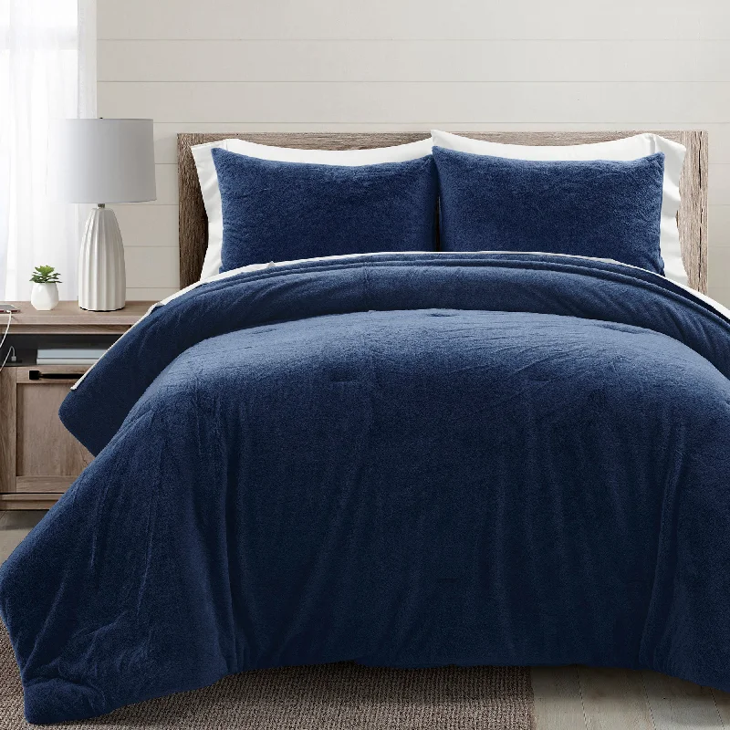 Modern Solid Ultra Soft Faux Fur Comforter Navy 5Pc Set Twin