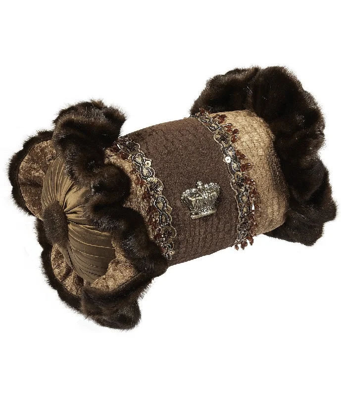 Decorative Accent Pillow Caramel and Brown Croc Chenille Ruffled Bolster 14x8