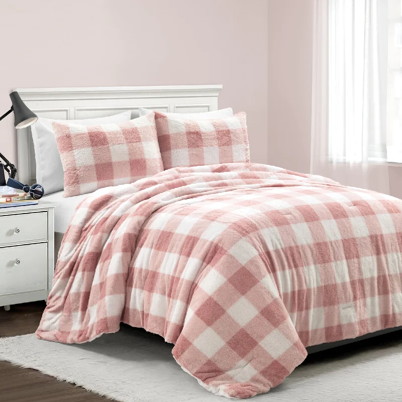 Plaid Ultra Soft Faux Fur Light Weight All Season Comforter Blush 3Pc Set Full/Queen