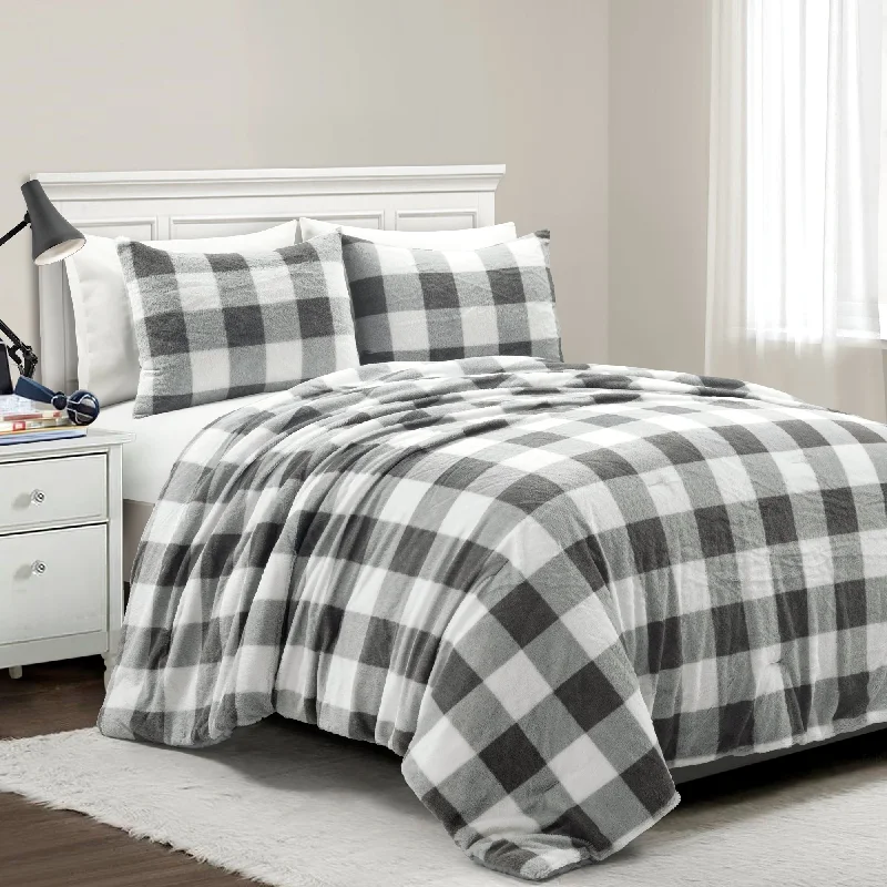 Plaid Ultra Soft Faux Fur Light Weight All Season Kids Back To Campus Comforter Light Gray 2Pc Set Twin