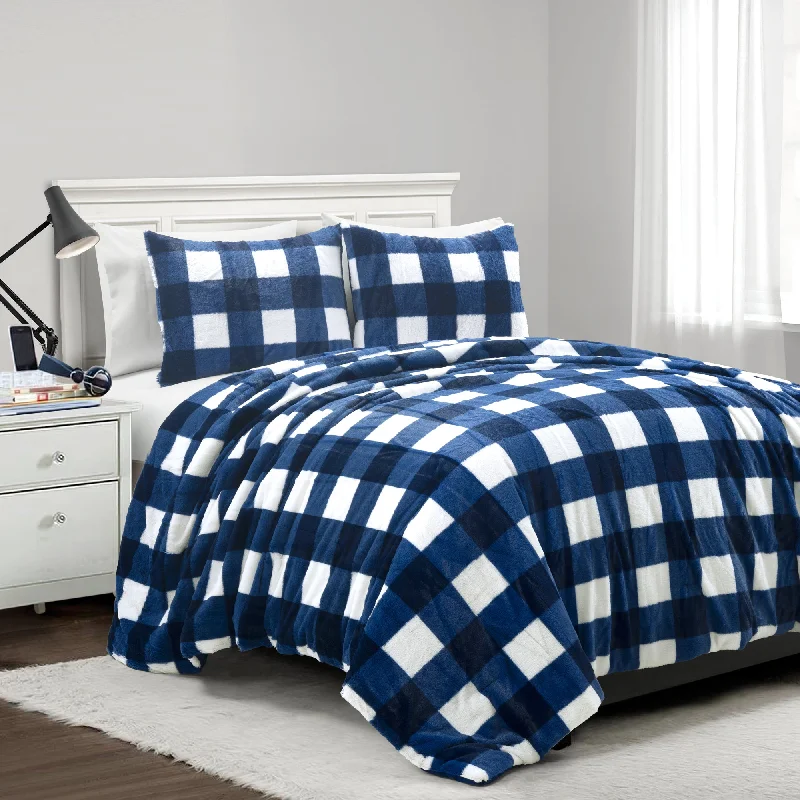 Plaid Ultra Soft Faux Fur Light Weight All Season Kids Back To Campus Comforter Navy 2Pc Set Twin