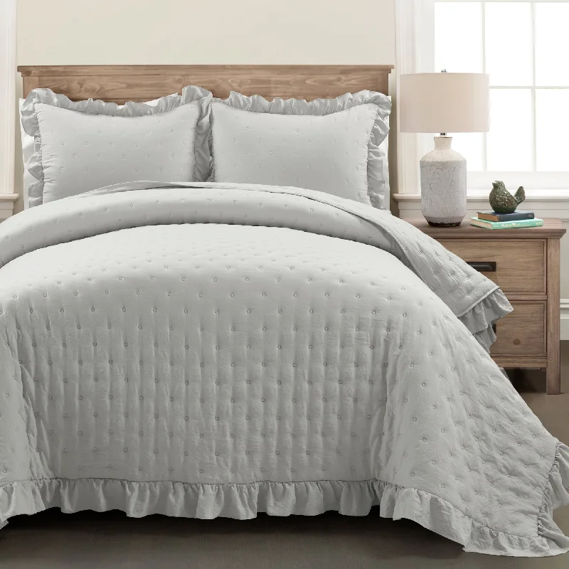 Reyna Ruffle Reversible Oversized Quilt Light Gray 3Pc Set Full/Queen