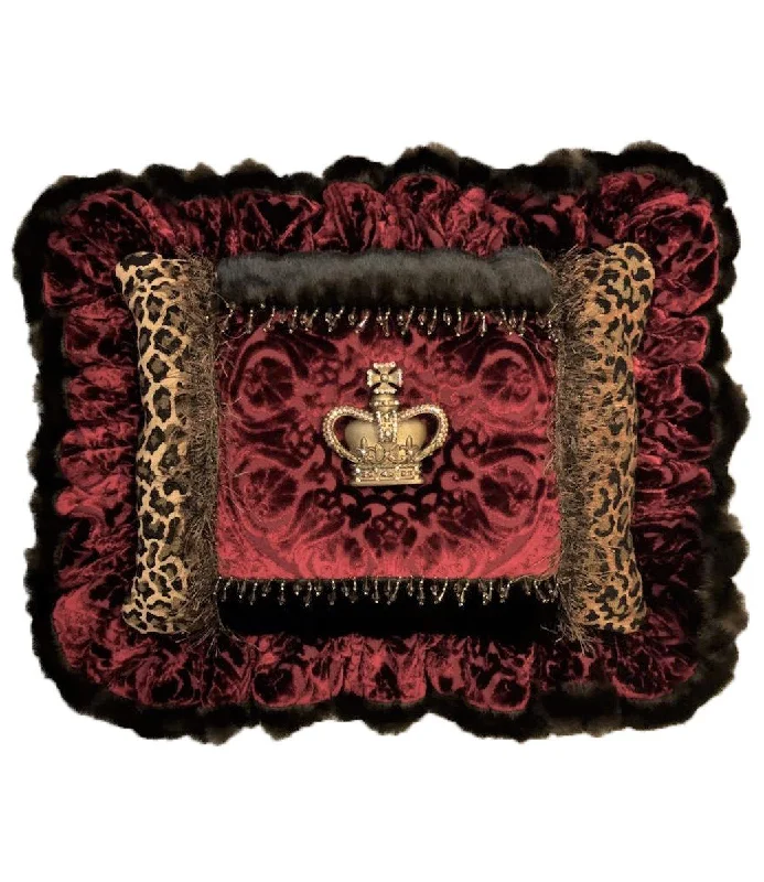 Ruffled Decorative Pillow with Jeweled Crown Red and Leopard Print 20"x15"