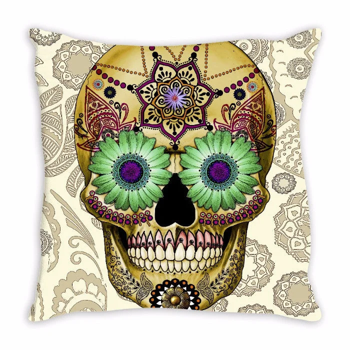 Tan Paisley Day of The Dead Throw Pillow - Sugar Skull Bone Paisley