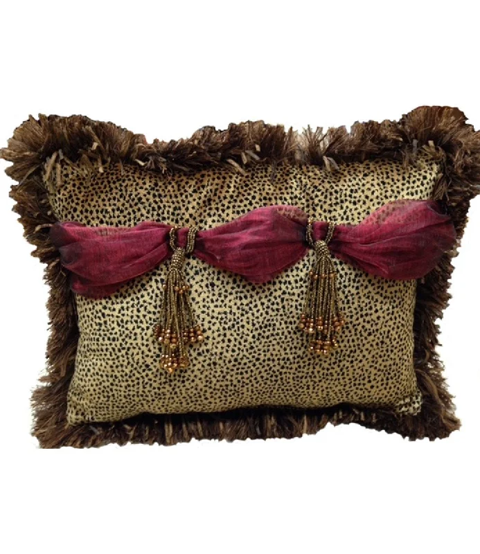 Accent Pillow Velvet Cheetah and Red Organza Rectangle with Jeweled Tassels 17x13